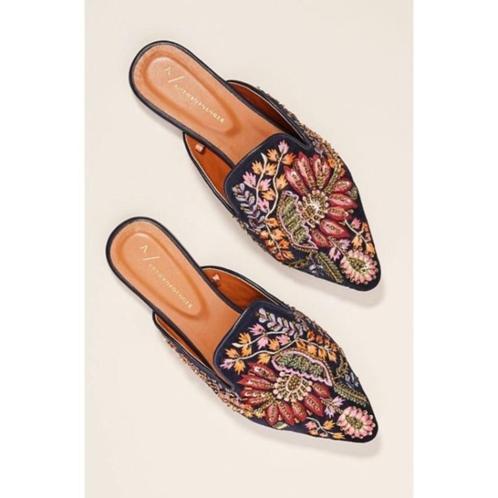 Anthropologie Embroidered Beaded Mules
